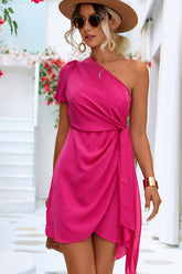 Solid Tie Waist One Shoulder Mini Dress